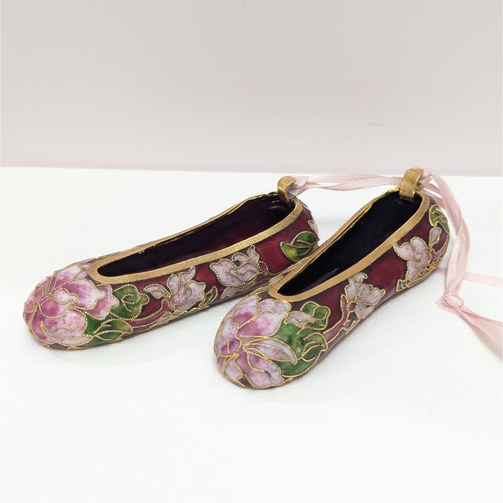 Vtg Cloisonné Floral Ballet Slipper Set 4" Enamel Christmas Ornament Red Pink